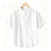 Camisa de Lino de Manga Corta para Hombre Nueva de Verano 2026, Holgada Casual con Cuello Mao, Top Transpirable de Color Sólido Algodón-Lino