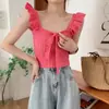 Colete Tricotado Liso com Costura Feminino Verão Versátil Top com Babados Alça de Ombro Sazonal Curto Up Machine com Laço