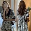 Vestido Largo Japonés Floral Estilo Artístico Retro Francés 2026 Cuello en V Cintura Ceñida Mangas Abullonadas Falso Dos Piezas