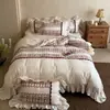 Conjunto de Lençóis de Algodão Penteado Dupla Camada com Estampa Floral Country Francês Classe A, Conjunto de Quatro Peças Estilo Princesa, Roupa de Cama com Babados 100% Algodão