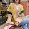 Suéter Feminino de Malha Cardigan Listrado Contrastante Estilo Hong Kong Outono Inverno Solto Tamanho Grande