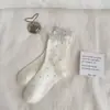 Meias femininas de outono e inverno estilo coreano, comprimento até a panturrilha, renda fofa estilo japonês, poá doce, estilo preppy, meias longas sem costura