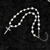 Collar con Colgante de Perla en Forma de Cruz Punk Hip-Hop Transfronterizo Europeo y Americano para Hombres, Accesorio de Cadena para Suéter Versátil Retro