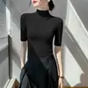 Camisa Básica com Gola Alta Meio-alta Feminina Manga Média Manga Meia-manga Outono Inicial Novo Estilo Estilo Ocidental Slim Fit Preta Tricô Camiseta Interna