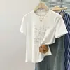 Camiseta Blanca de Manga Corta con Diseño Estampado Estilo Coreano para Mujer, Verano Holgada y Casual, Foto Real Estilo Europeo y Americano