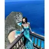 Deslumbrante Vestido Cauda de Peixe Flor de Lótus Estilo Francês, Sexy e Puro, Realça Sua Figura, Vestido Longo com Alças Finas Estampado Floral para o Verão