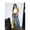 Jeans Azules Retro Nostálgicos de Pierna Ancha para Mujer, Pantalones de Moda Nuevo Estilo Americano Sueltos con Caída de Cintura Alta para Figura de Pera, Largos hasta el Suelo