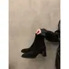 Primeiro Encontro Jifa Botas Francesas para Emagrecer Botas de Salto Médio Veludo Elástico Botas Femininas Outono e Inverno Marrom Retro Botas Curtas Botas de Cavaleiro Britânico