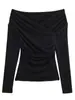 Ropa para Mujer Estilo Europeo y Americano 2026 Primavera Nuevo Estilo Top Plisado Sexy Hombros Descubiertos con Cuello Plisado Doble Camiseta de Color Puro Ajustado Mangas Largas