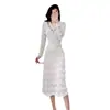 Vestido Elegante con Adorno de Encaje Francés Nuevo Otoño 2026, Vestido de Manga Larga Otoño-Invierno con Cuello de Pedrería, Transparente de Color Sólido