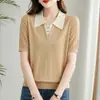 Salida de Liquidación Mostrador Retira Suéter de Hilo de Seda de Hielo Holgado con Cuello de Marca para Mujer, Elegante Camiseta de Manga Corta de Verano