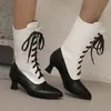 Botas Nuevas Transfronterizas Otoño e Invierno 2025 Estilo Europeo y Americano Punta Fina Combinación de Colores Cierre Frontal con Cordones Tacón Grueso Tacón Alto Talla Grande Botas de Moda para Mujer
