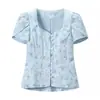 Atacado Fábrica de Roupas Femininas Transfronteiriça 2026 Doce Francês Gola Quadrada Manga Curta Cintura Afunilada Estampa Camisa Top