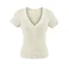 Camiseta de tricô allure pura com decote V, botões, vazada, manga curta, nova moda de verão, cor sólida, slim fit, top básico