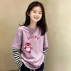 Camiseta de manga larga con retazos a rayas de algodón puro, moda coreana para niñas, nueva camiseta básica de dibujos animados para primavera y otoño para niños mayores