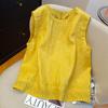 Chaleco sin mangas de lino bordado con encaje amarillo para mujer 2025 Verano Holgado Cuello redondo Elegante Top de algodón y lino para mujer