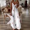 Vestido europeo y americano transfronterizo de primavera y verano nuevo sin mangas ajustado con estampado de plumas escote en V bajo con tirantes vestido amplio para mujer