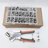 100 juegos de tornillos de acero inoxidable plateado de 15 mm, broches grandes, juego de alicates, broches para lonas, broches de presión metálicos de cuatro vías en stock