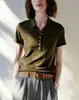 Camiseta Vintage Verde de Manga Curta com Gola Reversível para Mulheres, Novo Design de Botão de Verão, Top Versátil de Corte Justo