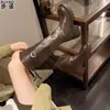 Couro legítimo, marrom Melard, corte em V, botas acima do joelho, botas femininas de salto grosso, efeito emagrecedor, com zíper traseiro, botas de equitação