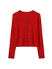 Primavera/Otoño 2026 Nuevo Cárdigan de Punto Delgado de 60s 30% Lana con Cuello Redondo y Pliegues Chaqueta Versátil Suministro Directo al por Mayor