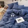 Novo Estilo Ins Cor Sólida Bicolor Algodão Lavado Conjunto de Quatro Peças Lençol Macio e Simples Capa de Edredom Cama de Dormitório Estudantil Conjunto de Três Peças 4