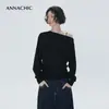 Estilo Perezoso de Verano ANNACHI: Top de punto ligero, transparente, de un solo hombro, hombros descubiertos - un top de hombros descubiertos moderno y de corte holgado