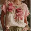 Top de Verano Suelto Casual Nuevo con Estampado 3D, Jacquard Imitación, Hombro Caído y Manga Corta para Mujer, Nuevo, Transfronterizo, Europeo y Americano