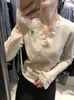 2025 Suéter de Cachemir Versátil con Encaje Empalmado Color Sólido Cuello en V Tejido Ajustado Camisa Base Superior Ropa para Mujer