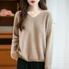 Suéter pullover sin costuras de cuello en V con rayas horizontales integradas, estilo casual, jacquard, lana pura, tejido para mujer 10