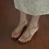 Sapatos Romanos de Salto Alto Estilo Feriado Vazados Tecidos à Mão para Mulheres no Verão com Dedos Abertos e Sandálias de Saia
