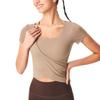 Nueva camiseta deportiva de yoga para mujer, con copas fijas ajustadas, cuello cuadrado, tirantes finos, manga corta, alta elasticidad, para adelgazar y fitness.