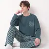 Pijama para hombre al por mayor transfronterizo, algodón puro, otoño e invierno, manga larga, cuello redondo, a rayas, casual, talla grande, conjunto de ropa de casa para hombre