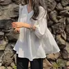 Blusa coreana chique estilo boneca com mangas de três quartos, camisa de gola V para mulheres, versão coreana 2026 blusa básica solta bufante