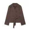 Gabardina corta cruzada que ciñe la cintura, con cuello solapa y cinturón, gabardina de trabajo talla petite, gabardina corta para commuting en primavera y otoño