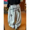 Comercio Transfronterizo Diseño Estilo Americano Retro Nuevo Pantalones Deportivos de Retazos con Patrón de Cruz para Mujer Nuevos Pantalones Anchos Sueltos con Estampado de Letras