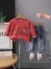 Conjunto de Dos Piezas para Niños: Sudadera con Estampado de Letras y Jeans, Estilo Coreano Casual