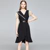 Vestido de diseñador de verano para mujer intelectual con cuello en V, costuras en color contrastante, manga corta abullonada, hoja de loto, falda de moda para mujer