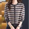 Cárdigan de punto a rayas para mujer con cuello redondo, nueva moda primavera/otoño, prenda exterior de corte holgado, abrigo suéter color block