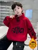 Roupas Infantis Meninos Inverno Veludo Espessado Moletom 2025 Novas Roupas para Meninos Vermelho Ano do Cavalo Ano Animal Crianças Mais Velhas