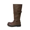 Botas de Caballero de Cuero Pulido para Mujer Botas Altas Largas Otoño/Invierno Nuevas Punta Redonda Tacón Medio Botas de Ponerse Hebilla de Correa No por Encima de la Rodilla Mujer