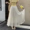 Saia Midi Franzida de Renda Doce Francesa com Caimento Feminina Verão Cintura Alta Camadas Bolo