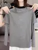 Camiseta de manga larga para mujer de algodón puro, estilo dos piezas falsas, con patchwork a rayas, top casual de moda nicho, estilo elegante, base gris