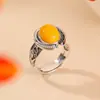 Yuebao Joias Cera de Abelha Prata Esterlina S925 Padrão Retrô Superfície de Ovo Design Estilo Étnico Anel Ajustável Joia de Mão