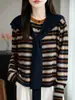 Cardigan de Punto de Lana Worsted con Cuello en V, Mangas Largas, Rayas de Colores Bloqueados, Bordado de Calabaza, Top Tipo Chal