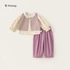 Bang Xuan Primavera e Outono Novo Conjunto de Três Peças Renda Floral Camisa Cor Sólida Este Colete Calça Casual Meninas Traje Pastoral