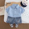 Traje de Verano para Niño de Manga Corta con Camisa de Cuadros Pequeños 2025 Verano Nuevo Estilo Estilo Extranjero Camisa de Verano para Niños Conjunto de Dos Piezas