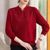 Nova Blusa de Tricô de Outono da Mamãe Camada Base para Mulheres Acima de 50 Anos Pulôver Bordado de Tricô de Manga Longa para Mulheres de Meia-Idade e Idosas