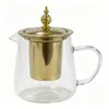 Tetera de vidrio dorada con cuerpo de vidrio transparente de borosilicato alto y filtro de acero inoxidable, adecuada para preparar tés florales en la oficina