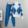 Conjunto de dos piezas de suéter de punto a cuadros informal nuevo de otoño e invierno para mujer, moda europea, comercio exterior, traje de moda transfronteriza